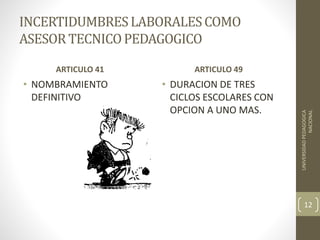 INCERTIDUMBRESLABORALESCOMO
ASESOR TECNICOPEDAGOGICO
ARTICULO 41
• NOMBRAMIENTO
DEFINITIVO
ARTICULO 49
• DURACION DE TRES
CICLOS ESCOLARES CON
OPCION A UNO MAS.
UNIVERSIDADPEDAGOGICA
NACIONAL
12
 