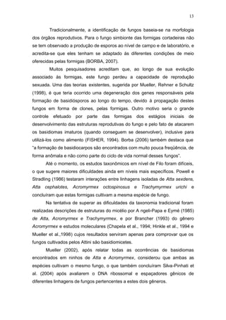 13
Tradicionalmente, a identificação de fungos baseia-se na morfologia
dos órgãos reprodutivos. Para o fungo simbionte das formigas cortadeiras não
se tem observado a produção de esporos ao nível de campo e de laboratório, e
acredita-se que eles tenham se adaptado às diferentes condições de meio
oferecidas pelas formigas (BORBA, 2007).
Muitos pesquisadores acreditam que, ao longo de sua evolução
associado às formigas, este fungo perdeu a capacidade de reprodução
sexuada. Uma das teorias existentes, sugerida por Mueller, Rehner e Schultz
(1998), é que teria ocorrido uma degeneração dos genes responsáveis pela
formação de basidiósporos ao longo do tempo, devido à propagação destes
fungos em forma de clones, pelas formigas. Outro motivo seria o grande
controle efetuado por parte das formigas dos estágios iniciais de
desenvolvimento das estruturas reprodutivas do fungo e pelo fato de atacarem
os basidiomas imaturos (quando conseguem se desenvolver), inclusive para
utilizá-los como alimento (FISHER, 1994). Borba (2006) também destaca que
“a formação de basidiocarpos são encontrados com muito pouca freqüência, de
forma anômala e não como parte do ciclo de vida normal desses fungos”.
Até o momento, os estudos taxonômicos em nível de Filo foram difíceis,
o que sugere maiores dificuldades ainda em níveis mais específicos. Powell e
Stradling (1986) testaram interações entre linhagens isoladas de Atta sexdens,
Atta cephalotes, Acromyrmex octospinosus e Trachymyrmex urichi e
concluíram que estas formigas cultivam a mesma espécie de fungo.
Na tentativa de superar as dificuldades da taxonomia tradicional foram
realizadas descrições de estruturas do micélio por A ngeli-Papa e Eymé (1985)
de Atta, Acromyrmex e Trachymyrmex, e por Brancher (1993) do gênero
Acromyrmex e estudos moleculares (Chapela et al., 1994; Hinkle et al., 1994 e
Mueller et al.,1998) cujos resultados serviram apenas para comprovar que os
fungos cultivados pelos Attini são basidiomicetes.
Mueller (2002), após relatar todas as ocorrências de basidiomas
encontrados em ninhos de Atta e Acromyrmex, considerou que ambas as
espécies cultivam o mesmo fungo, o que também concluíram Silva-Pinhati et
al. (2004) após avaliarem o DNA ribossomal e espaçadores gênicos de
diferentes linhagens de fungos pertencentes a estes dois gêneros.
 