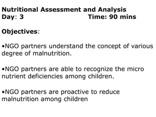 Nutritional Assessment and Analysis Day: 3     			    Time: 90 mins Objectives: ,[object Object]