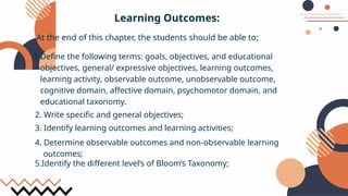 Learning Outcomes:
At the end of this chapter, the students should be able to;
1.Define the following terms: goals, objectives, and educational
objectives, general/ expressive objectives, learning outcomes,
learning activity, observable outcome, unobservable outcome,
cognitive domain, affective domain, psychomotor domain, and
educational taxonomy.
2. Write specific and general objectives;
3. Identify learning outcomes and learning activities;
4. Determine observable outcomes and non-observable learning
outcomes;
5.Identify the different level’s of Bloom’s Taxonomy;
 