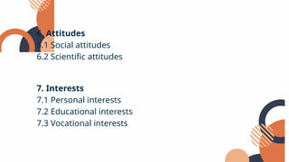 6. Attitudes
6.1 Social attitudes
6.2 Scientific attitudes
7. Interests
7.1 Personal interests
7.2 Educational interests
7.3 Vocational interests
 