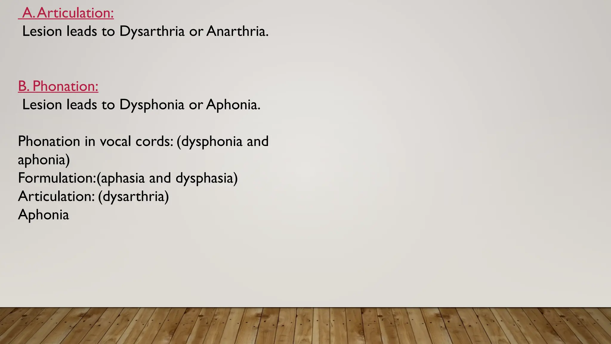 A.Articulation:
Lesion leads to Dysarthria or Anarthria.
B. Phonation:
Lesion leads to Dysphonia or Aphonia.
Phonation in vocal cords: (dysphonia and
aphonia)
Formulation:(aphasia and dysphasia)
Articulation: (dysarthria)
Aphonia
 