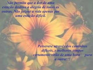 Não permita que a dor de uma estação destrua a alegria de todas as outras. Não julgue a vida apenas por uma estação difícil. Persevere através dos caminhos difíceis, e melhores tempos certamente virão de uma hora  para a outra!!! 