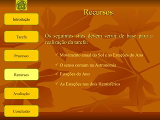 Introdução Tarefa Processo Conclusão Recursos Avaliação Recursos Os seguintes sites devem servir de base para a realização da tarefa: Movimento anual do Sol e as Estações do Ano O senso comum na Astronomia Estações do Ano As Estações nos dois Hemisférios 