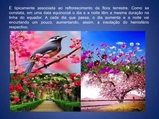 É tipicamente associada ao reflorescimento da flora terrestre. Como se
constata, em uma data equinocial o dia e a noite têm a mesma duração na
linha do equador. A cada dia que passa, o dia aumenta e a noite vai
encurtando um pouco, aumentando, assim, a insolação do hemisfério
respectivo.
 