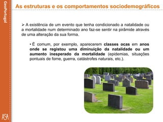 As estruturas e os comportamentos sociodemográficos
 A existência de um evento que tenha condicionado a natalidade ou
a mortalidade num determinado ano faz-se sentir na pirâmide através
de uma alteração da sua forma.
• É comum, por exemplo, aparecerem classes ocas em anos
onde se registou uma diminuição da natalidade ou um
aumento inesperado da mortalidade (epidemias, situações
pontuais de fome, guerra, catástrofes naturais, etc.).
 
