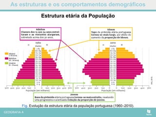 As estruturas e os comportamentos demográficos
Fig. Evolução da estrutura etária da população portuguesa (1960–2010).
Estrutura etária da População
 