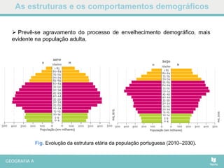 As estruturas e os comportamentos demográficos
Fig. Evolução da estrutura etária da população portuguesa (2010–2030).
 Prevê-se agravamento do processo de envelhecimento demográfico, mais
evidente na população adulta.
 
