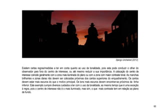 Django Unchained (2012)
Existem certas regras/medidas a ter em conta quanto ao uso da tonalidade, pois esta pode conduzir o olhar do
observador para fora do centro de interesse, ou até mesmo reduzir a sua importância. A colocação do centro de
interesse coincide geralmente com a zona mais iluminada do plano ou com a zona com maior contraste tonal. As manchas
brilhantes e zonas claras não devem ser colocadas próximas dos cantos superiores do enquadramento. Os cantos
devem estar mais escuros do que o motivo principal. Os tons mais escuros devem encontrar-se próximos da linha
inferior. Este exemplo cumpre diversos cuidados a ter com o uso da tonalidade, ao mesmo tempo que é uma exceção
à regra, pois o centro de interesse não é o mais iluminado, mas sim, o que mais contraste tem em relação ao plano
de fundo.
60
 