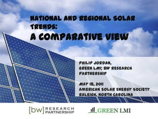 National and Regional Solar Trends:  A Comparative View Philip Jordan,  Green LMI; BW Research Partnership May 18, 2011 American Solar Energy Society Raleigh, North Carolina 