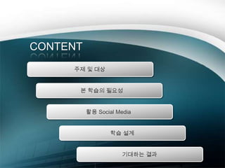 CONTENT주제 및 대상본 학습의 필요성활용 Social Media학습 설계기대하는 결과