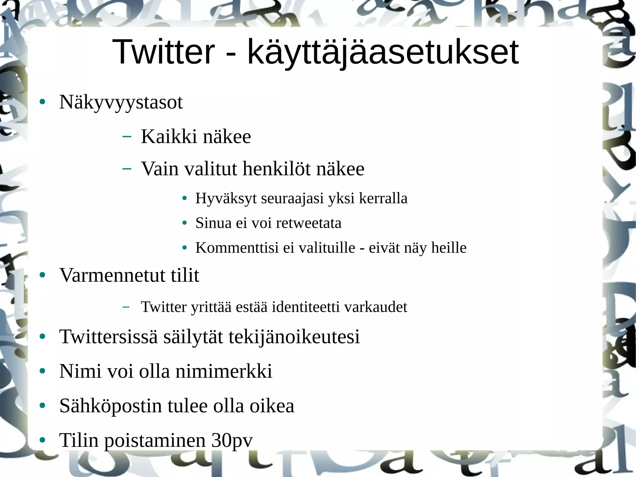 ● Facebook sivut
– http://www.facebook.com/Soseessa
● Twitter
– https://twitter.com/MaikkuSarvas
● LinkedIn
– http://www.linkedin.com/in/maikku
● Sildeshare
– http://www.slideshare.net/maikkusarvas
● maikku@iki.fi
 