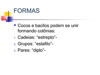 FORMAS
 Cocos e bacilos podem se unir
formando colônias:
1. Cadeias: “estrepto”-
2. Grupos: “estafilo”-
3. Pares: “diplo”-
 
