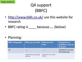 Q4 support
(BBFC)
• http://www.bbfc.co.uk/ use this website for
research
• BBFC rating is ____ because….. (below)
• Planning:
BBFC rating grade What you can show What you can’t
show
Comparison to
guidelines (next up
or down)
12 …… …… Compare to 15 and
PG? (optional)
-
Evidence from your opening
sequence:
Evidence from your opening
sequence:
-
Target audience
 