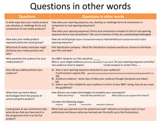 Questions in other words
Questions Questions in other words
In what ways does your media product
use, develop, or challenge forms and
conventions of real media products?
How does your opening sequence use, develop or challenge forms & conventions in
comparison to real opening sequences?
OR
How does your opening sequence’s forms and conventions compare to that of real opening
sequence forms and conventions? (be sure to mention if they are use/develop/challenged)
How does your media product
represent particular social groups?
How are social groups (types of people/stereotypes) represented (portrayed/presented) in your
opening sequence?
What kind of media institution might
distribute your media product and
why?
Film distribution company: What film distribution company would you choose to distribute
your film and why?
Who would be the audience for your
media product?
Our BBFC rating for our film would be _____.
Who is your target audience (and your secondary if you want) for your opening sequence and why?
Use audience chart to explain. Could compare to similar films……
How did you address/attract your
audience?
A) How is your opening sequence attractive to your audience?
Could mention aspects like: genre/forms/conventions/characters/music/sounds/shots/editing/pace/MES etc
AND
B) Audience evidence: Some clips of what your audience thought (facebook and video)
AND
C) How is your film suitable for your audience in terms of your BBFC rating, how do you meet
the guidelines?
What have you learnt about
technologies from the process of
constructing this product?
How did you use media technologies to complete your coursework?
What were they? How did they benefit you? What skills to you acquire from them?)
Consider the following stages:
-research -planning -construction -evaluation (optional)
Looking back at your preliminary task,
what do you feel you have learnt in
the progression from it to the full
product?
What have you learned since the preliminary task? Mention errors/poor parts of your
preliminary and discuss what you learned over the drafts up to the final product.
 