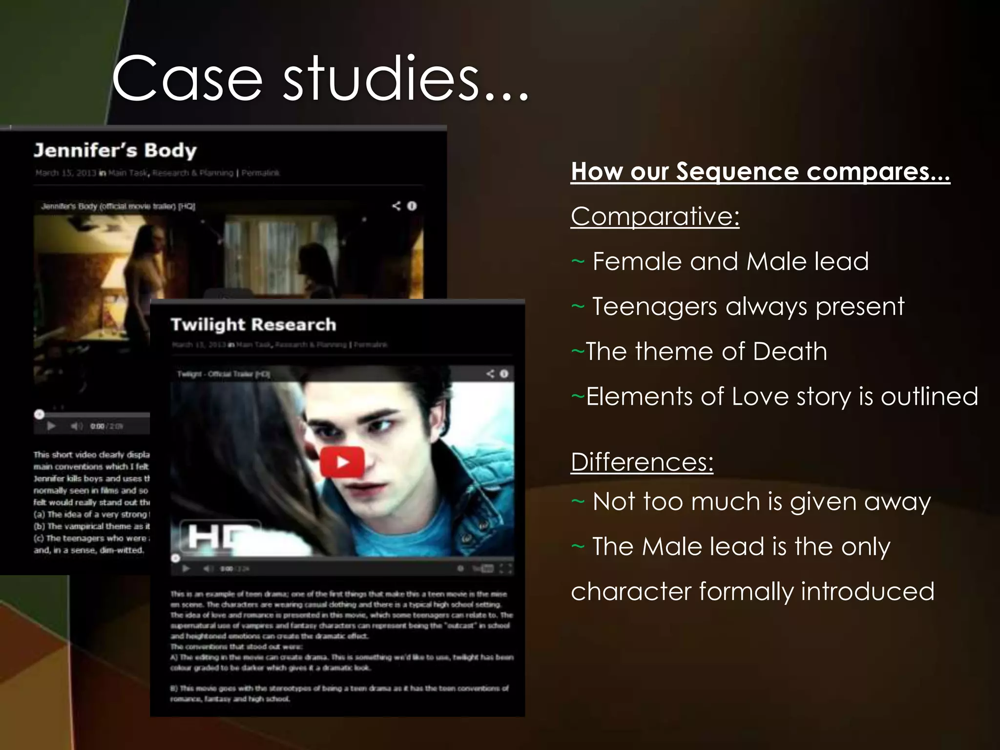 Case studies...
                  How our Sequence compares...
                  Comparative:
                  ~ Female and Male lead
                  ~ Teenagers always present
                  ~The theme of Death
                  ~Elements of Love story is outlined

                  Differences:
                  ~ Not too much is given away
                  ~ The Male lead is the only
                  character formally introduced
 