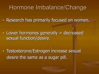 Hormone Imbalance/Change <ul><li>Research has primarily focused on women. </li></ul><ul><li>Lower hormones generally = dec...