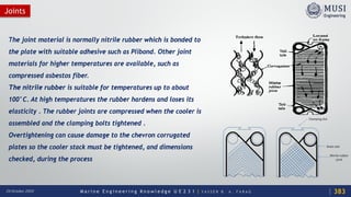 M a r i n e E n g i n e e r i n g K n o w l e d g e U E 2 3 1 | Y A S S E R B . A . F A R A G20 October 2020
Joints
The joint material is normally nitrile rubber which is bonded to
the plate with suitable adhesive such as Plibond. Other joint
materials for higher temperatures are available, such as
compressed asbestos fiber.
The nitrile rubber is suitable for temperatures up to about
100°C. At high temperatures the rubber hardens and loses its
elasticity . The rubber joints are compressed when the cooler is
assembled and the clamping bolts tightened .
Overtightening can cause damage to the chevron corrugated
plates so the cooler stack must be tightened, and dimensions
checked, during the process
383
 