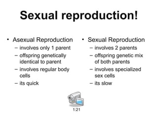 Sexual reproduction!
• Asexual Reproduction
– involves only 1 parent
– offspring genetically
identical to parent
– involves regular body
cells
– its quick
• Sexual Reproduction
– involves 2 parents
– offspring genetic mix
of both parents
– involves specialized
sex cells
– its slow
1:21
 