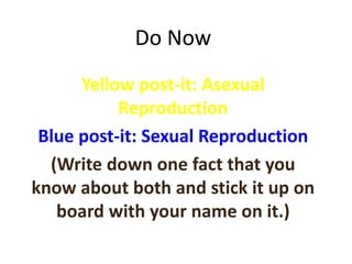 Do Now
Yellow post-it: Asexual
Reproduction
Blue post-it: Sexual Reproduction
(Write down one fact that you
know about both and stick it up on
board with your name on it.)
 