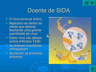 Doente de SIDADoente de SIDA
 O vírus torna-se activoO vírus torna-se activo
 Reproduz-se dentro daReproduz-se dentro da
célula que rebentacélula que rebenta
libertando uma grandelibertando uma grande
quantidade de vírusquantidade de vírus
 Estes vírus vão afectarEstes vírus vão afectar
outros linfócitos T4(B)outros linfócitos T4(B)
 As defesas imunitáriasAs defesas imunitárias
enfraquecemenfraquecem
 Aparecem os primeirosAparecem os primeiros
sintomassintomas
 