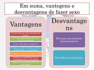 Em suma, vantegens e
desvantagens de fazer sexo
Vantagens
O sexo pode ser um tratamento de
beleza;
Ter sexo regularmente baixa os
níveis de colesterol;
O sexo pode fazer emagrecer;
Protege o coração, previne a doença
de Alzheimer e a osteoporose;
Aumenta a esperança média de vida;
Diminui a possibilidade de ter
constipações bem como gripes;
Limpa os poros, tornando a pele
mais limpa.
Desvantage
ns
Doenças sexualmente
transmissíveis
Gravidezes indesejadas
 