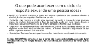 O que pode acontecer com o ciclo da
resposta sexual de uma pessoa idosa?
• Desejo – Continua presente e pode até mesmo apresentar um aumento devido à
diminuição das preocupações familiares e sociais.
• Excitação – No homem, a ereção pode demorar, tornando o tempo de troca amorosa
maior. Na mulher, teoricamente a fase da excitação pode ser mais rápida devido à
maturidade sexual (conhecimento do próprio corpo) que facilita a sua excitação.
• Orgasmo – No homem manifesta-se normalmente, porém a possibilidade de mais de um
orgasmo numa única relação torna-se remota. A mulher mantém a capacidade de ter
vários orgasmos em uma única relação.
• Resolução – Tanto no homem quanto na mulher mantém-se um clima de relaxamento.
Período REFRATÁRIO: período em que o corpo não reage à estimulação, que pode durar
minutos ou horas, em função da idade, do estado físico, dos estímulos e de vários outros
fatores.
 