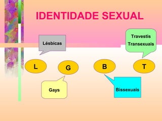 IDENTIDADE SEXUAL
Travestis
Lésbicas

L

Transexuais

G
Gays

B

T

Bissexuais

 