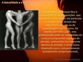 A Sexualidade e a EscolaAs atitudes e as crenças face à sexualidade são predisposições  que vão sendo consolidadas, em particular na adolescência, através das experiências de vida ou da aprendizagem com os pares. De acordo com Félix López, esta predisposição pode ser subdividida em crenças (componente cognitiva da atitude), sentimentos (componente afectiva da atitude), e ainda numa disposição para o comportamento (componente comportamental).E.B. 2,3 Luís de Sttau Monteiro