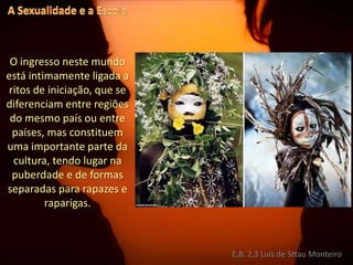 A Sexualidade e a EscolaO ingresso neste mundo está intimamente ligada a ritos de iniciação, que se diferenciam entre regiões do mesmo país ou entre países, mas constituem uma importante parte da cultura, tendo lugar na puberdade e de formas separadas para rapazes e raparigas. E.B. 2,3 Luís de Sttau Monteiro