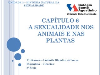 CAPÍTULO 6
A SEXUALIDADE NOS
ANIMAIS E NAS
PLANTAS
Professora – Ludmila Olandim de Souza
Disciplina – Ciências
8ª Série
UNIDADE 3 – HISTÓRIA NATURAL DA
SEXUALIDADE
 