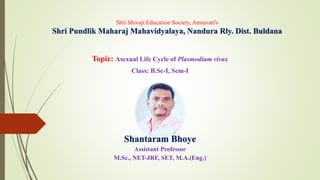 Shri Shivaji Education Society, Amravati's
Shri Pundlik Maharaj Mahavidyalaya, Nandura Rly. Dist. Buldana
Topic: Asexual Life Cycle of Plasmodium vivax
Class: B.Sc-I, Sem-I
Shantaram Bhoye
Assistant Professor
M.Sc., NET-JRF, SET, M.A.(Eng.)
 