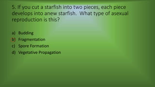 5. If you cut a starfish into two pieces, each piece
develops into anew starfish. What type of asexual
reproduction is this?
a) Budding
b) Fragmentation
c) Spore Formation
d) Vegetative Propagation
 