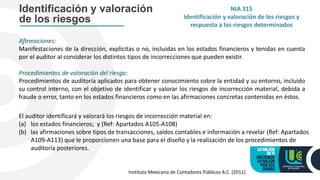 NIA 315
Identificación y valoración de los riesgos y
respuesta a los riesgos determinados
Identificación y valoración
de los riesgos
Afirmaciones:
Manifestaciones de la dirección, explícitas o no, incluidas en los estados financieros y tenidas en cuenta
por el auditor al considerar los distintos tipos de incorrecciones que pueden existir.
Procedimientos de valoración del riesgo:
Procedimientos de auditoría aplicados para obtener conocimiento sobre la entidad y su entorno, incluido
su control interno, con el objetivo de identificar y valorar los riesgos de incorrección material, debida a
fraude o error, tanto en los estados financieros como en las afirmaciones concretas contenidas en éstos.
El auditor identificará y valorará los riesgos de incorrección material en:
(a) los estados financieros; y (Ref: Apartados A105-A108)
(b) las afirmaciones sobre tipos de transacciones, saldos contables e información a revelar (Ref: Apartados
A109-A113) que le proporcionen una base para el diseño y la realización de los procedimientos de
auditoría posteriores.
Instituto Mexicano de Contadores Públicos A.C. (2011)
 