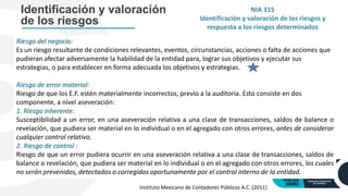 Riesgo del negocio:
Es un riesgo resultante de condiciones relevantes, eventos, circunstancias, acciones o falta de acciones que
pudieran afectar adversamente la habilidad de la entidad para, lograr sus objetivos y ejecutar sus
estrategias, o para establecer en forma adecuada los objetivos y estrategias.
Riesgo de error material:
Riesgo de que los E.F. estén materialmente incorrectos, previo a la auditoria. Esto consiste en dos
componente, a nivel aseveración:
1. Riesgo inherente:
Susceptibilidad a un error, en una aseveración relativa a una clase de transacciones, saldos de balance o
revelación, que pudiera ser material en lo individual o en el agregado con otros errores, antes de considerar
cualquier control relativo.
2. Riesgo de control :
Riesgo de que un error pudiera ocurrir en una aseveración relativa a una clase de transacciones, saldos de
balance o revelación, que pudiera ser material en lo individual o en el agregado con otros errores, los cuales
no serán prevenidos, detectados o corregidos oportunamente por el control interno de la entidad.
NIA 315
Identificación y valoración de los riesgos y
respuesta a los riesgos determinados
Identificación y valoración
de los riesgos
Instituto Mexicano de Contadores Públicos A.C. (2011)
 