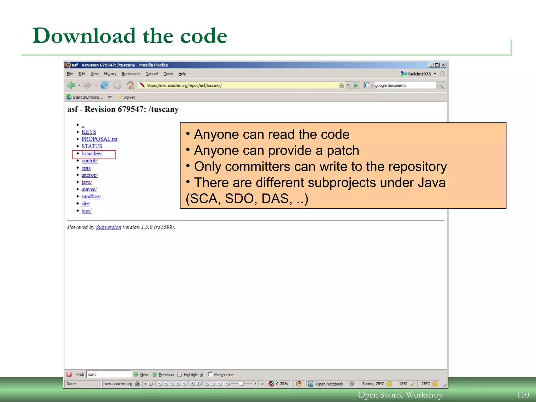 Open Source Workshop 110
• Anyone can read the code
• Anyone can provide a patch
• Only committers can write to the repository
• There are different subprojects under Java
(SCA, SDO, DAS, ..)
Download the code
 