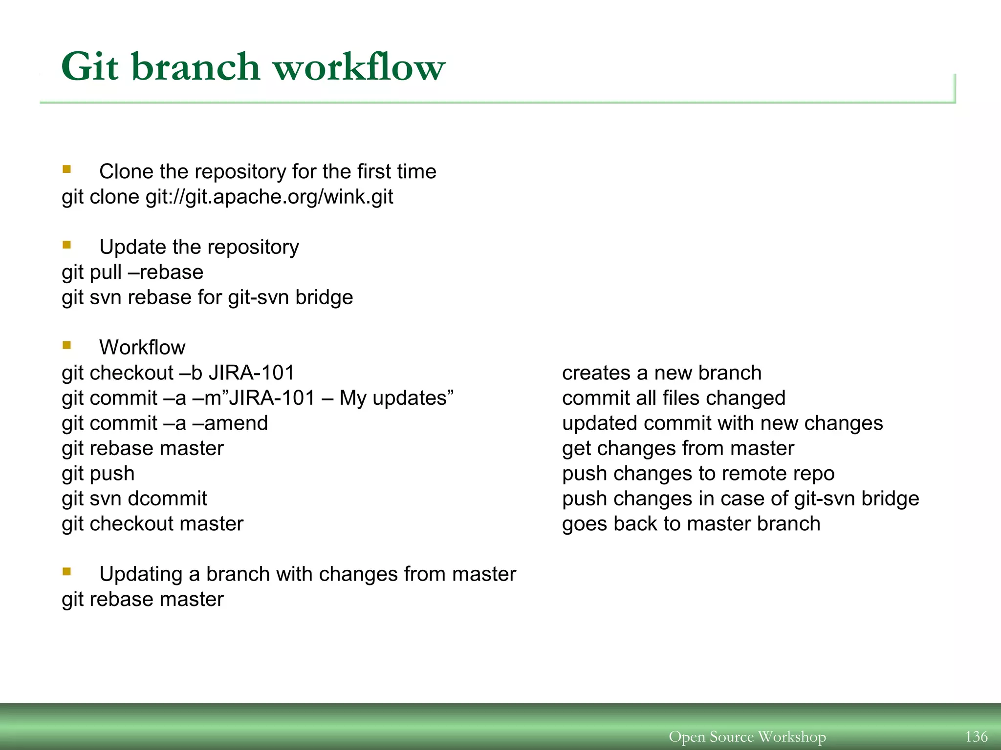 Git branch workflow
 Clone the repository for the first time
git clone git://git.apache.org/wink.git
 Update the repository
git pull –rebase
git svn rebase for git-svn bridge
 Workflow
git checkout –b JIRA-101 creates a new branch
git commit –a –m”JIRA-101 – My updates” commit all files changed
git commit –a –amend updated commit with new changes
git rebase master get changes from master
git push push changes to remote repo
git svn dcommit push changes in case of git-svn bridge
git checkout master goes back to master branch
 Updating a branch with changes from master
git rebase master
Open Source Workshop 136
 