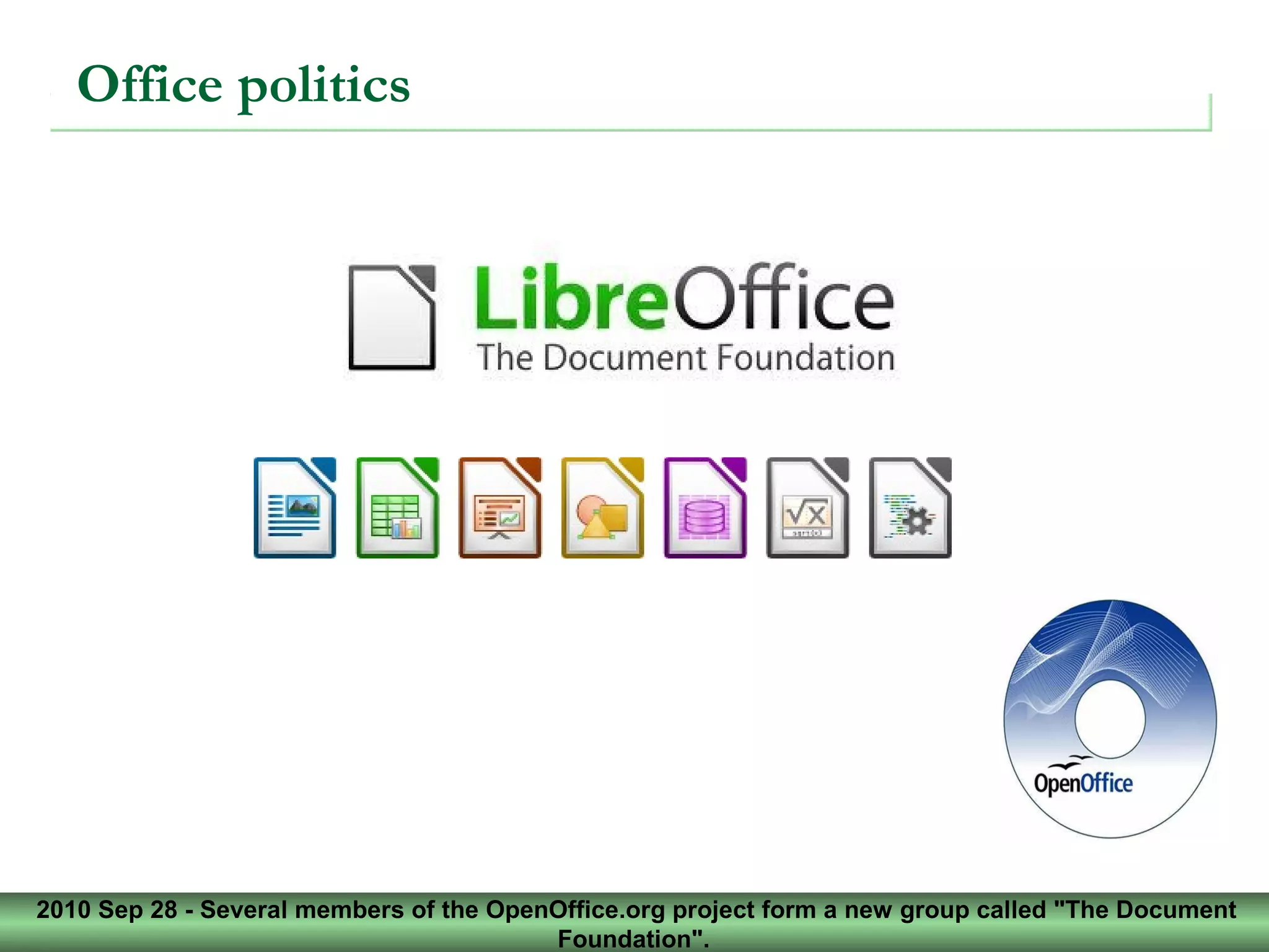 2010 Sep 28 - Several members of the OpenOffice.org project form a new group called "The Document
Foundation".
Office politics
 