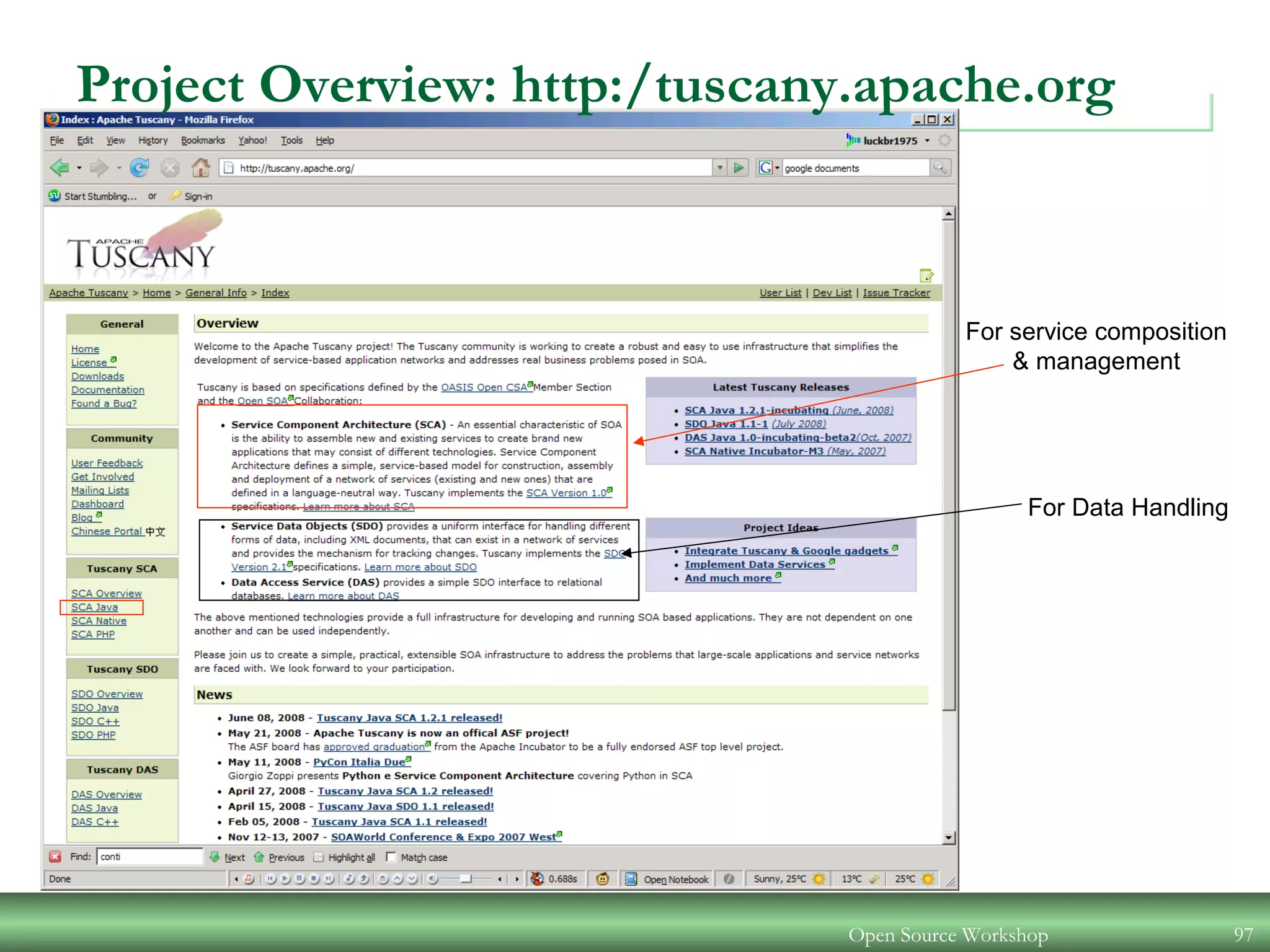 Open Source Workshop 97
For service composition
& management
For Data Handling
Project Overview: http:/tuscany.apache.org
 