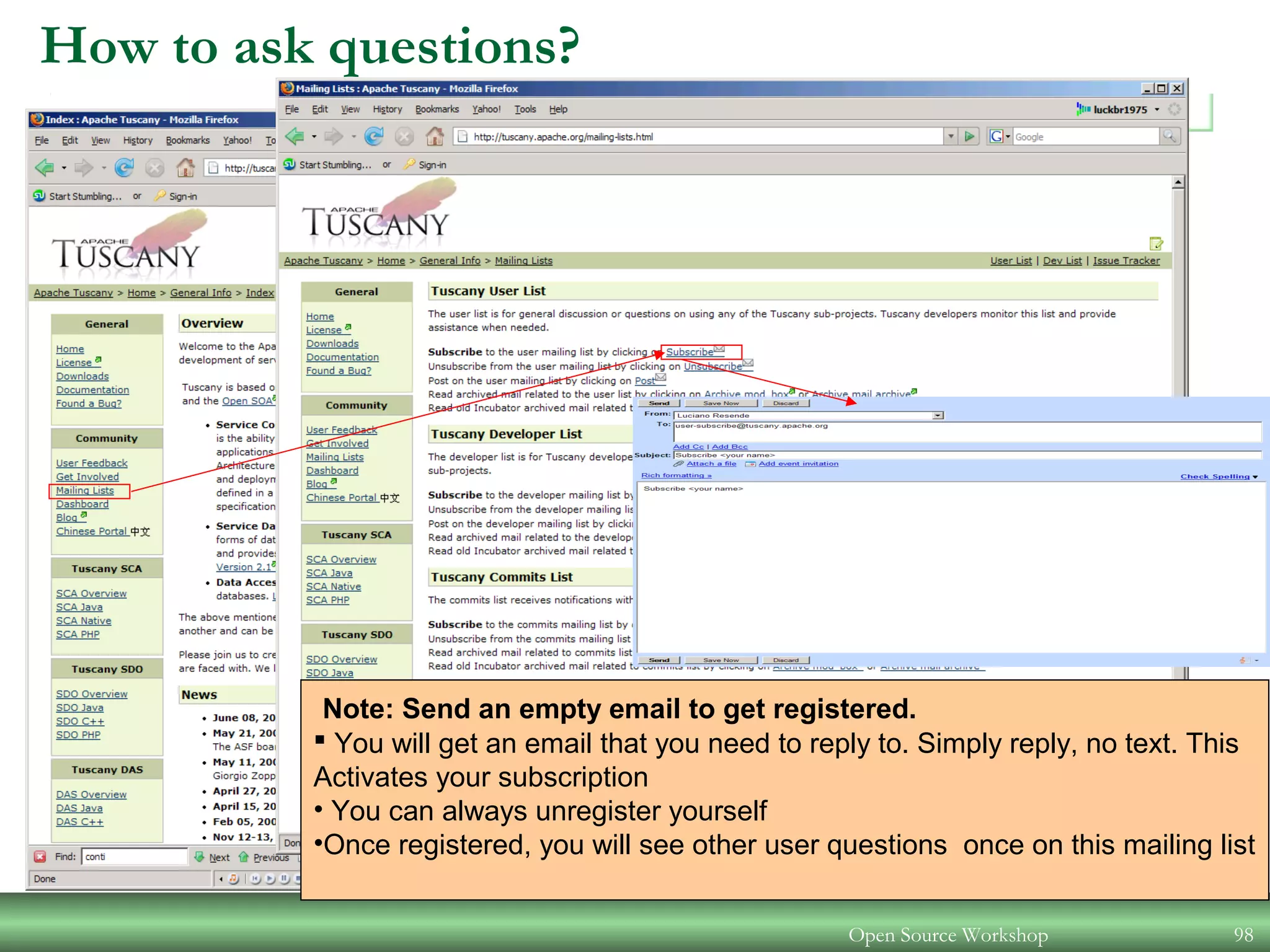 Open Source Workshop 98
How to ask questions?
Note: Send an empty email to get registered.
 You will get an email that you need to reply to. Simply reply, no text. This
Activates your subscription
• You can always unregister yourself
•Once registered, you will see other user questions once on this mailing list
 