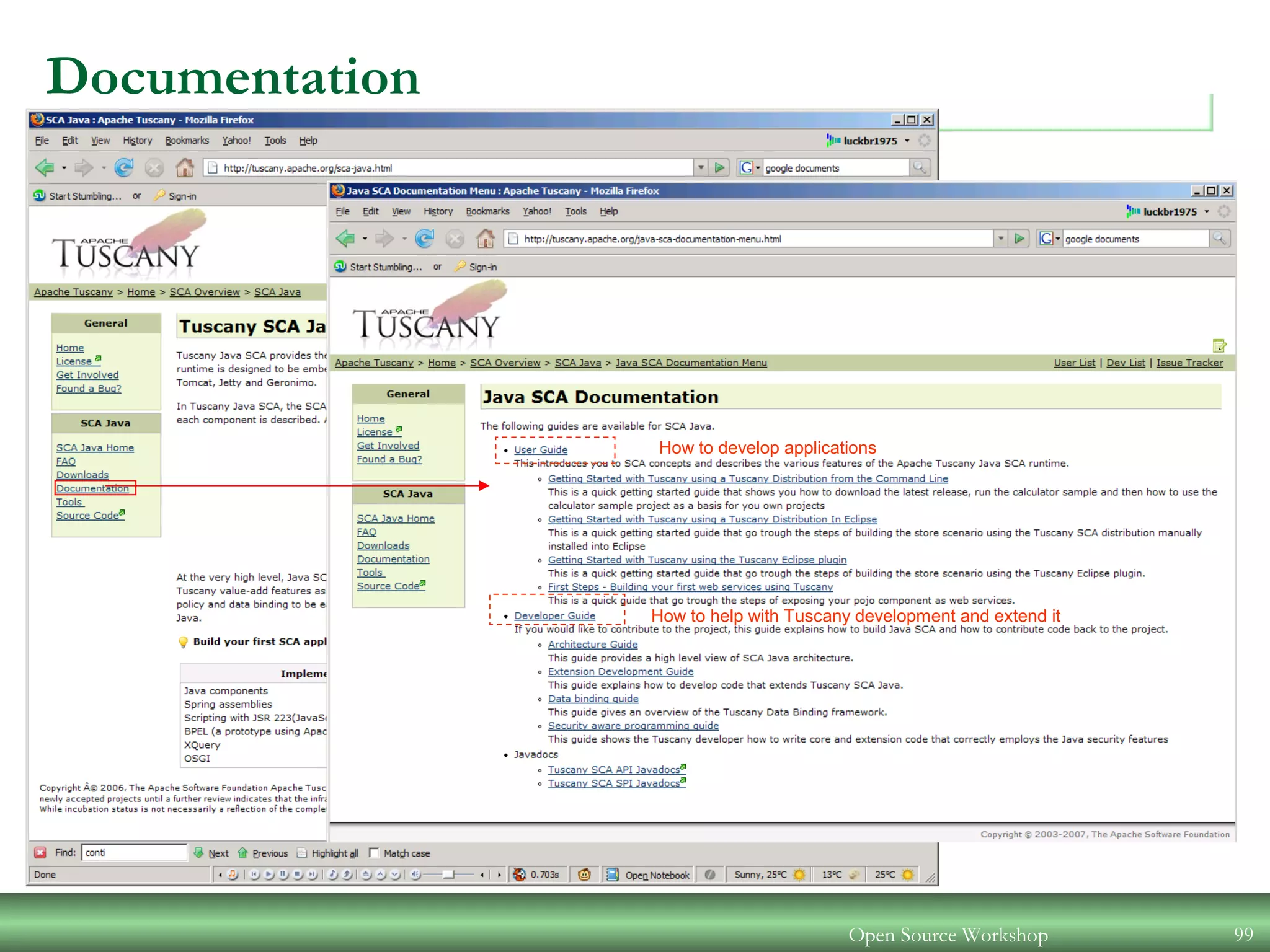 Open Source Workshop 99
How to develop applications
How to help with Tuscany development and extend it
Documentation
 