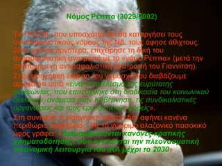 Νόμορ Ρέππα (3029/2002)

Σν ΠΑ΢ΟΚ, πνπ ππνζρόηαλ όηη ζα θαηαξγήζεη ηνπο
αληηαζθαιηζηηθνύο λόκνπο ηεο ΝΔ, ηνπο άθεζε άζηρηνπο.
Δέθα ρξόληα αξγόηεξα, επηρείξεζε ηε δηθή ηνπ
αληηαζθαιηζηηθή αλαηξνπή κε ην «λόκν Ρέππα» (κεηά ηελ
απνηπρεκέλε αληηαζθαιηζηηθή αλαηξνπή ηνπ Γηαλλίηζε).
΢ηελ εηζεγεηηθή έθζεζε ηνπ λνκνζρέδηνπ δηαβάδνπκε
αξρηθά όηη απηό «είλαη απνηέιεζκα ηεο επξύηαηεο
ζπκθσλίαο, πνπ επηηεύρζεθε ζηε δηαδηθαζία ηνπ θνηλσληθνύ
δηαιόγνπ, αλάκεζα ζηελ Κπβέξλεζε, ηηο ζπλδηθαιηζηηθέο
νξγαλώζεηο θαη ηνπο εξγνδνηηθνύο θνξείο».
΢ηε ζπλέρεηα, ε εηζεγεηηθή έθζεζε δελ αθήλεη θαλέλα
πεξηζώξην ακθηβνιίαο. Με ην γλώξηκν αιαδνληθό παζνθηθό
ύθνο γξάθεη: «Διαμοπθώνονηαι κανόνερ κπαηικήρ
σπημαηοδόηηζηρ, πος εγγςώνηαι ηην πλεοναζμαηική
οικονομική λειηοςπγία ηος ΙΚΑ μέσπι ηο 2030»
 