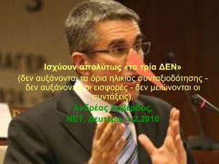 Ιζσύοςν απολύηωρ «ηα ηπία ΔΕΝ»
(δελ απμάλνληαη ηα όξηα ειηθίαο ζπληαμηνδόηεζεο -
  δελ απμάλνληαη νη εηζθνξέο - δελ κεηώλνληαη νη
                   ζπληάμεηο).
             Ανδπέαρ Λοβέπδορ,
            ΝΕΣ, Δεςηέπα, 1.2.2010
 