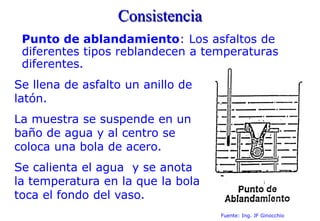 Consistencia
Punto de ablandamiento: Los asfaltos de
diferentes tipos reblandecen a temperaturas
diferentes.
Se llena de asfalto un anillo de
latón.
La muestra se suspende en un
baño de agua y al centro se
coloca una bola de acero.
Se calienta el agua y se anota
la temperatura en la que la bola
toca el fondo del vaso.
Fuente: Ing. JF Ginocchio
 