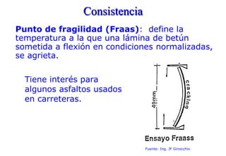 Consistencia
Punto de fragilidad (Fraas): define la
temperatura a la que una lámina de betún
sometida a flexión en condiciones normalizadas,
se agrieta.
Tiene interés para
algunos asfaltos usados
en carreteras.
Fuente: Ing. JF Ginocchio
 