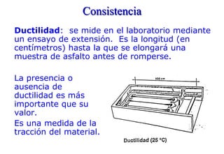 Consistencia
Ductilidad: se mide en el laboratorio mediante
un ensayo de extensión. Es la longitud (en
centímetros) hasta la que se elongará una
muestra de asfalto antes de romperse.
La presencia o
ausencia de
ductilidad es más
importante que su
valor.
Es una medida de la
tracción del material.
 