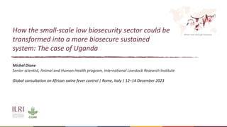 Better lives through livestock
How the small-scale low biosecurity sector could be
transformed into a more biosecure sustained
system: The case of Uganda
Michel Dione
Senior scientist, Animal and Human Health program, International Livestock Research Institute
Global consultation on African swine fever control | Rome, Italy | 12–14 December 2023
 