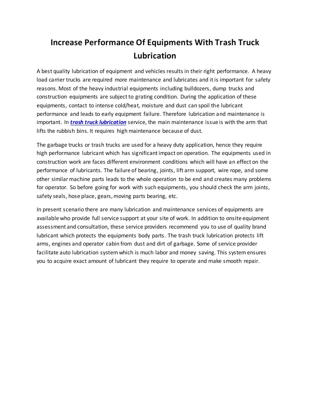 Increase Performance Of Equipments With Trash Truck Lubrication