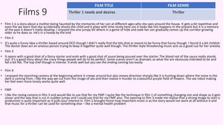 Films 9
• Film 1 is a story about a mother being haunted by the memories of her son at different ages who she sees around the house. It gets a bit repetitive and
even the we learn that she accidentally shoots the child and it plays with time nicely here cos it looks like this happens in the present but it is a memory
of the past it doesn’t really develop. I enjoyed the one jumpy bit where in a game of hide and seek her son gradually comes up the corridor growing
older as he does so. He’s in a hoody by the end
• Film 2
• It’s quite a funny idea a thriller based around OCD though I didn’t really find the bits that ar meant to be funny that funny though. I found it a bit childish.
The doctor does act an anxious person trying to keep it together quite well though. The thriller style threatening music acts as a good cue for her anxiety.
• Film 3
• It opens with a good shot of a fancy starter and ends with a good shot of sauce being poured over the starter. The blood red of the sauce really stands
out. It’s a good story about the crazy things people will do to be perfect. Some scenes aren’t as dramatic as what the are obviously intended to be and
fall a bit flat. The top chef though is intense. It ends well but you see the ending coming too easily.
• Film 4
• I enjoyed the searching camera at the beginning where it creeps around but also moves direction sharply like it is hunting down where the noise in the
dark is coming from. I like the way we cut from the image of sex and then realise it murder to a beautiful purple field of flowers. The sex robot making
her feel even more lonely works quite well.
• FMP
• I like the roving camera in film 3 and would like to use that for my FMP. I quite like the technique in film 1 of something changing size and shape as it gets
closer and the way that is cut in sudden jumps and I could use that for my FMP also. The opening to film 3 made me realise that a strong image to start a
production is quite important as it pulls your interest in. Film 2 brought home how important music is as the story would not work at all without it and
that music for a thriller can be used for something else – like a mental health problem
FILM TITLE FILM GENRE
Thriller 1 needs and desires Thriller
 