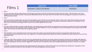 Films 1
• Film 1
• The first animation follows a black british man through several years of his life and faces discrimination from the police. I like the water colour style
backgrounds. At times the character moved pretty robotically and their faces seem stiff. The transition from the protagonist turning into a man from a
child was pretty smooth.
• Film 2
• This is very short animation about an extreme Covid lockdown set in the future or an alternate reality. I think at the style of the animation works well
with the story because the dust in the gives the animation a depressing tone and but also connotes dirt and disease. However this animation is very
short and in this short time background are reused so it could be argued that this is lazy.
• Film 3
• The story of this animation is about an old lady who is accused of being a witch and the her processions are burnt by an angry mob. This would probably
the best animated in this collection of films. This film uses multiple mediums in it such as cardboard cut outs, 3D animation, line animation, and real life
video. The set is also very well made and the lighting is good.
• Film 4
• This Animation is set in what looks to be a near future were most species of animal have died out because of population whilst at the same
time humanity also faces extinction from micro-organisms. The camera angles look professional and the soundtrack was quite dramatic an fits so fits the
apocalyptic story.
• Film 5
• I think the style of this animation suits the tone very well because the character are mainly covered in darkness and they are not design with detail but
with bold outlines. The darkness conveys the protagonists feel of isolation and the lack of detail could show that human life has lost value. This film was
set in post-apocalyptic Lithuania and the suggestion is that the earth's temperature levels have dropped significantly and there is little to no sunlight.
• Film 6
• In this film it seems that everyone has been locked inside the homes due to covid and the earth has essentially been abandoned. The graphics of this
animation look photo-realistic and the simulation of the wind and lighting is also very realistic.
•
FILM TITLE FILM GENRE
Animation 1 future and decline Animation
 
